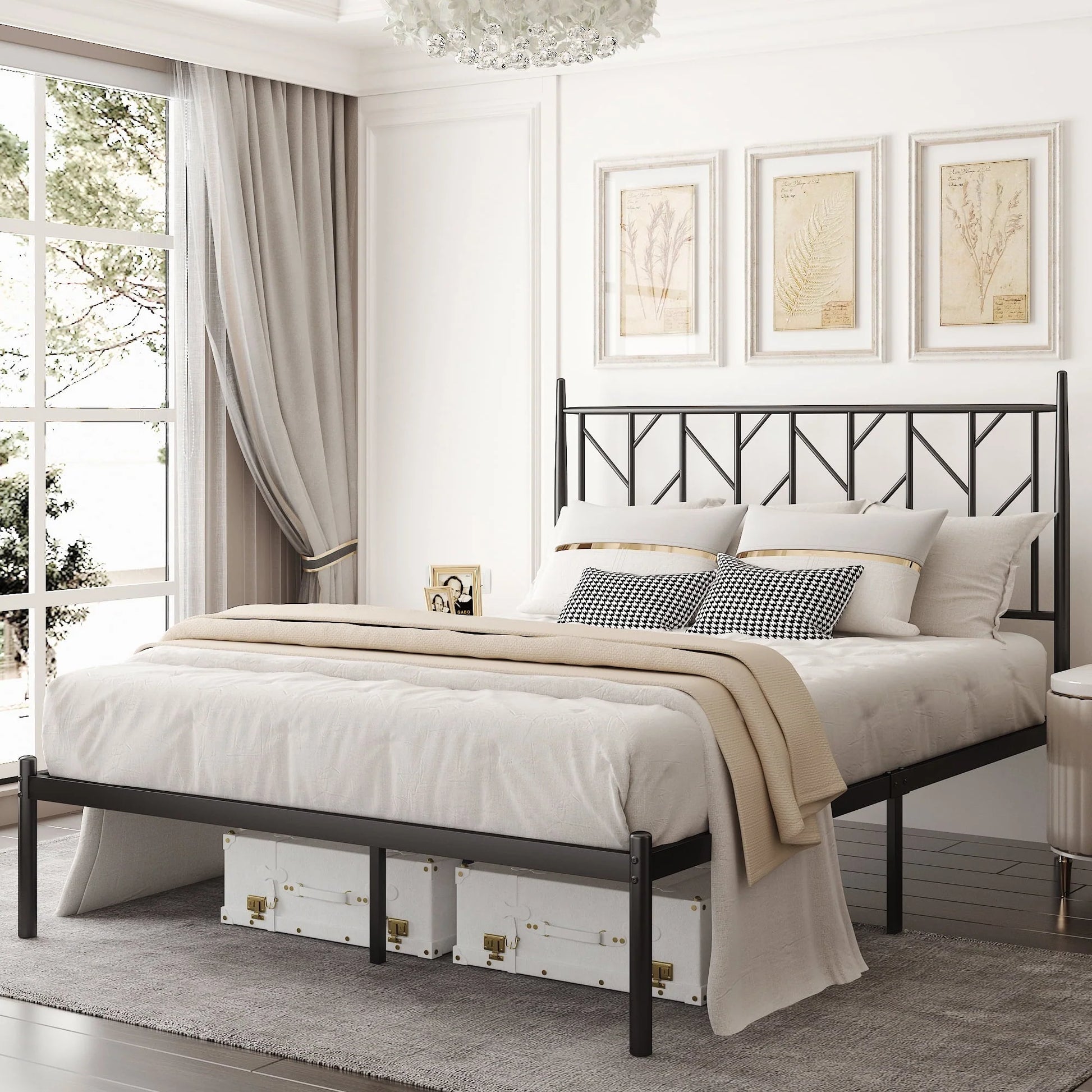 Allewie Black Queen Size Modern Metal Platform Bed Frame with Vintage Headboard and 12'' Under-bed Storage