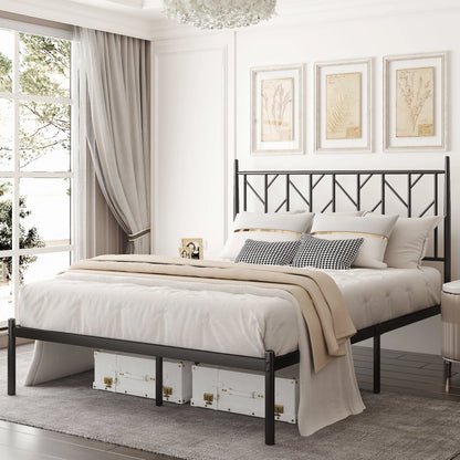 Allewie Black Queen Size Modern Metal Platform Bed Frame with Vintage Headboard and 12'' Under-bed Storage