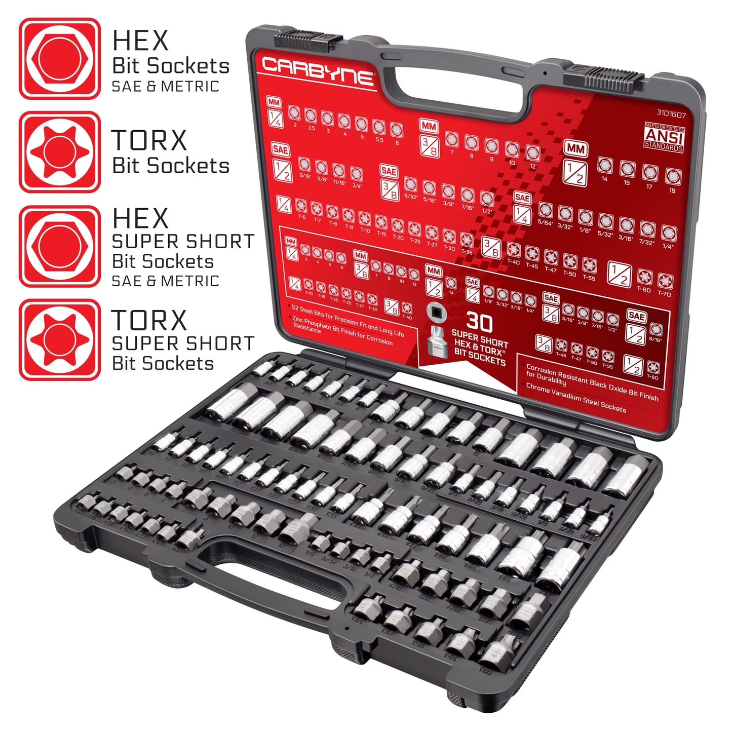 Carbyne 80-Piece Torx, SAE Hex (Allen) & Metric Hex (Allen) Bit Socket Set with 30 Super Short Bit Sockets, Cr-V Steel Sockets, S2 Steel Bits, Durable Storage Case