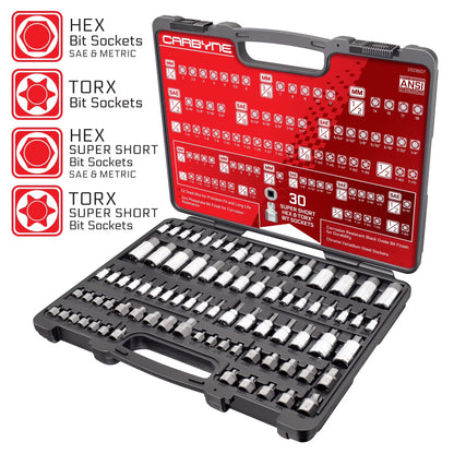 Carbyne 80-Piece Torx, SAE Hex (Allen) & Metric Hex (Allen) Bit Socket Set with 30 Super Short Bit Sockets, Cr-V Steel Sockets, S2 Steel Bits, Durable Storage Case
