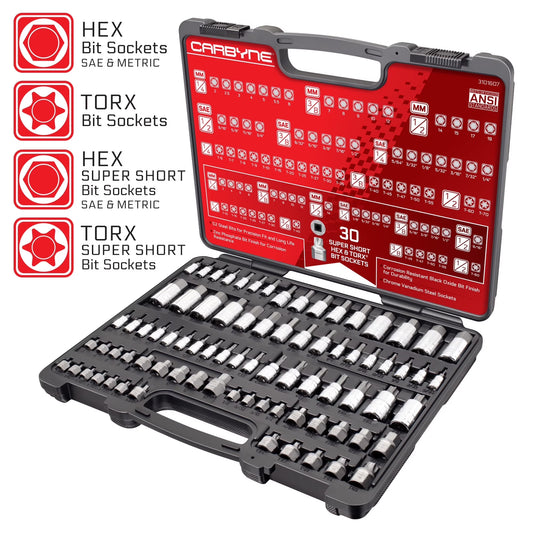 Carbyne 80-Piece Torx, SAE Hex (Allen) & Metric Hex (Allen) Bit Socket Set with 30 Super Short Bit Sockets, Cr-V Steel Sockets, S2 Steel Bits, Durable Storage Case