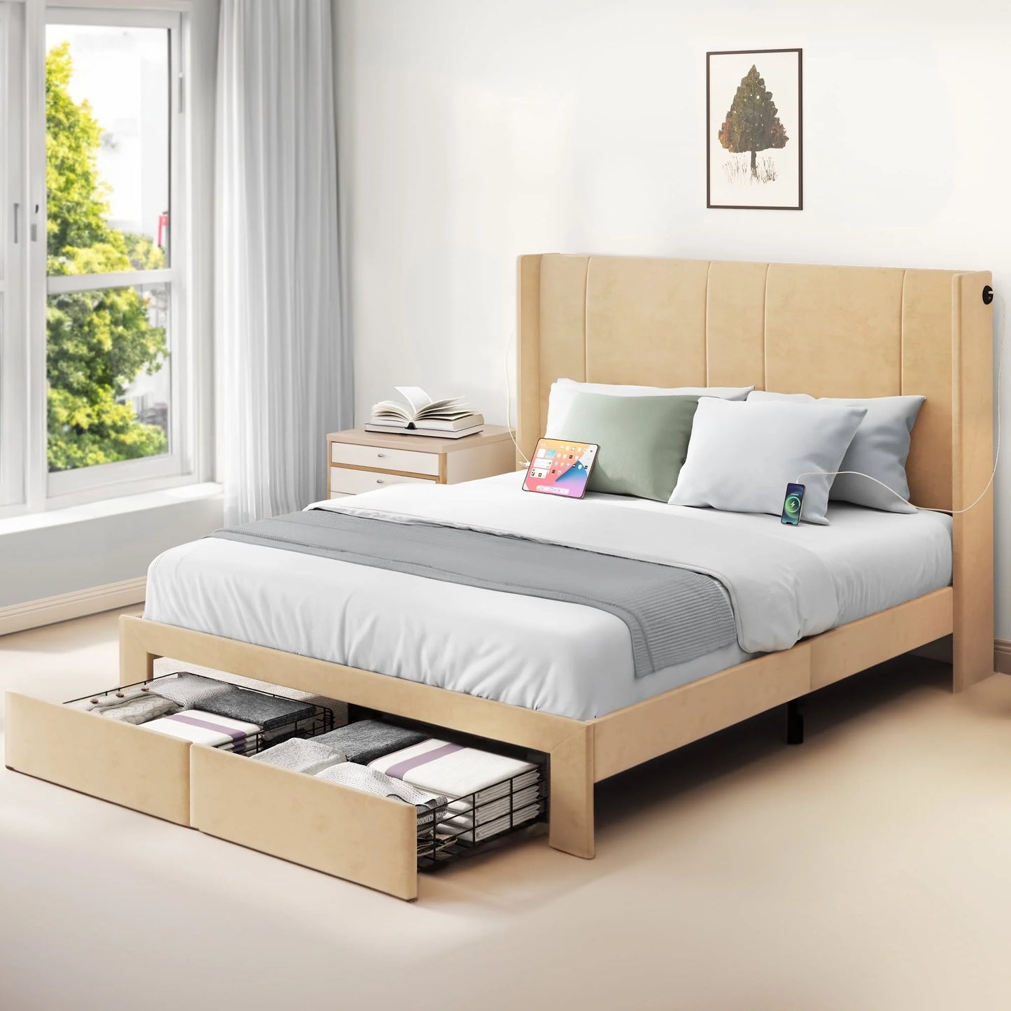 Dextrus Queen Size Upholstered Bed Frame, Platform Bed Frame with Storage Drawers, Headboard Built-in 2 USB Charging Stations and Strong Wood Slats Support, No Box Spring Needed, Beige