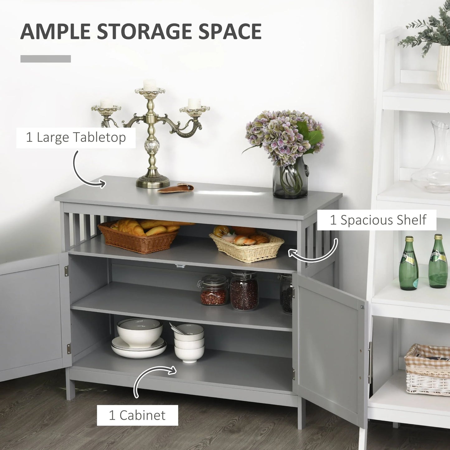 HomCom Kitchen Console Table/Buffet Sideboard/Wooden Storage Table with 2-Level Cabinet and Open Shelf, Grey