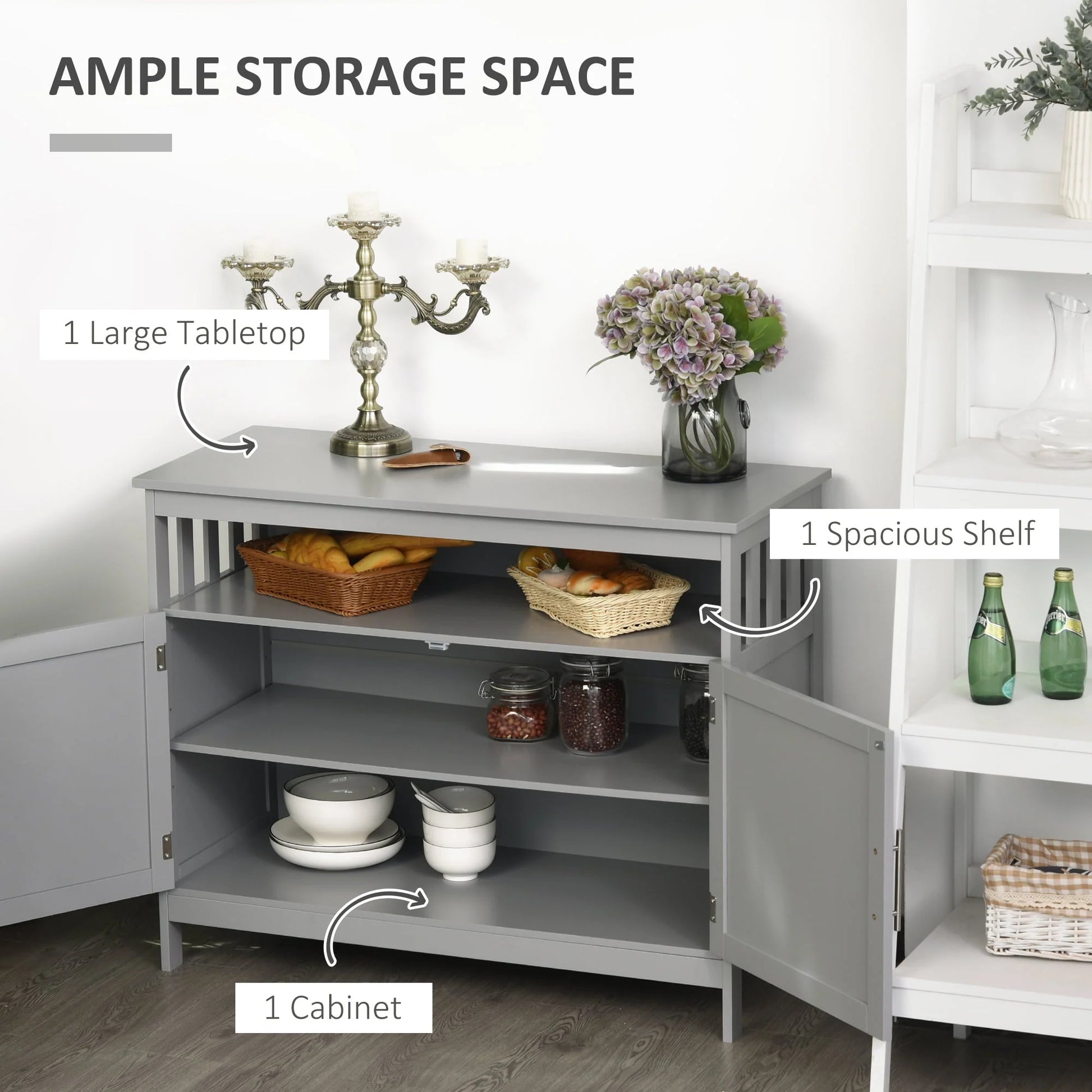 HomCom Kitchen Console Table/Buffet Sideboard/Wooden Storage Table with 2-Level Cabinet and Open Shelf, Grey