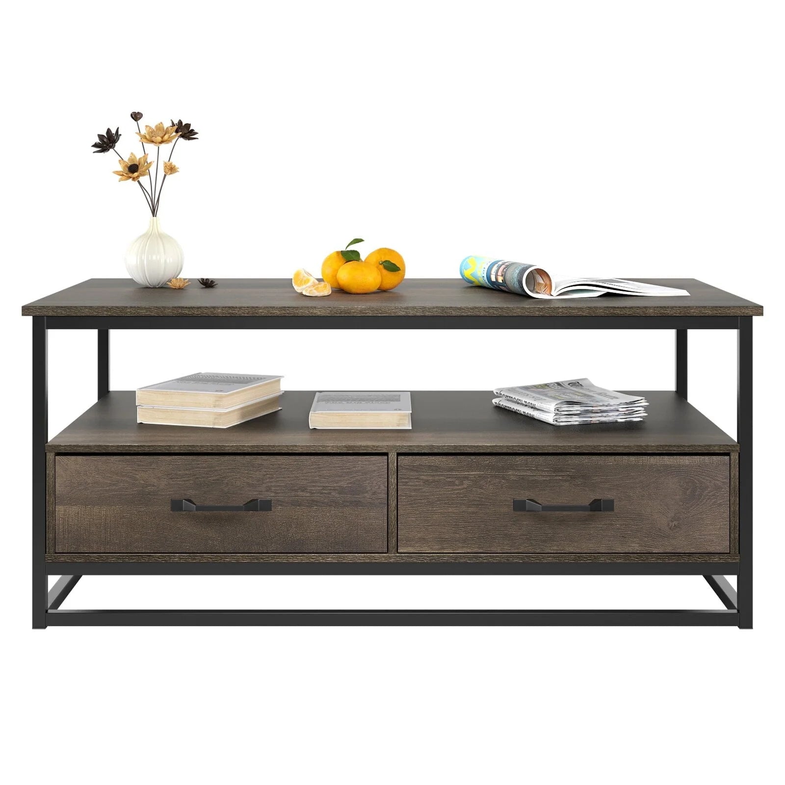 Homfa 43" Coffee Table with Storage Drawers, Wooden TV Stand Center Table for Living Room, Dark Brown