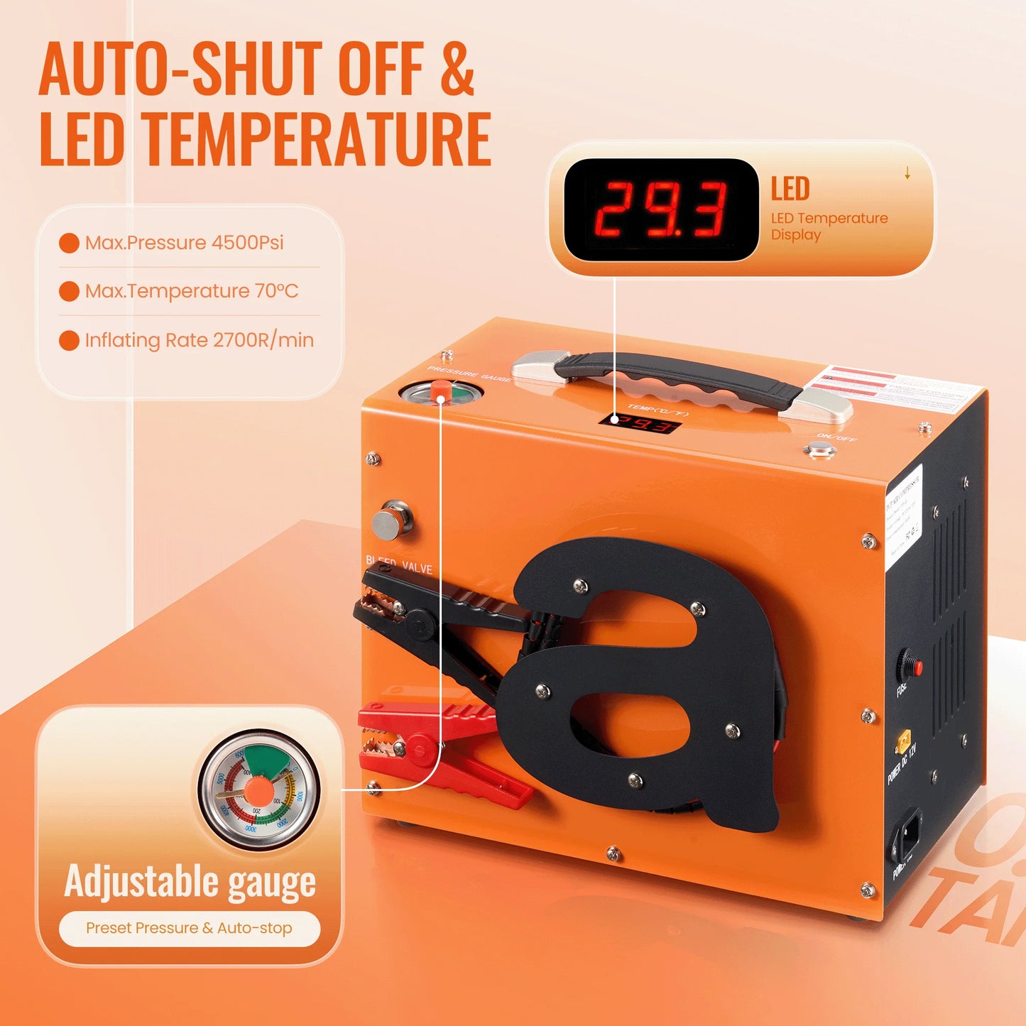 PCP Air Compressor 4500PSI Auto Stop PCP Compressor with Water Oil-Free 12V DC 110V AC Portable PCP Compressor for Paintball Scuba Air Rifle