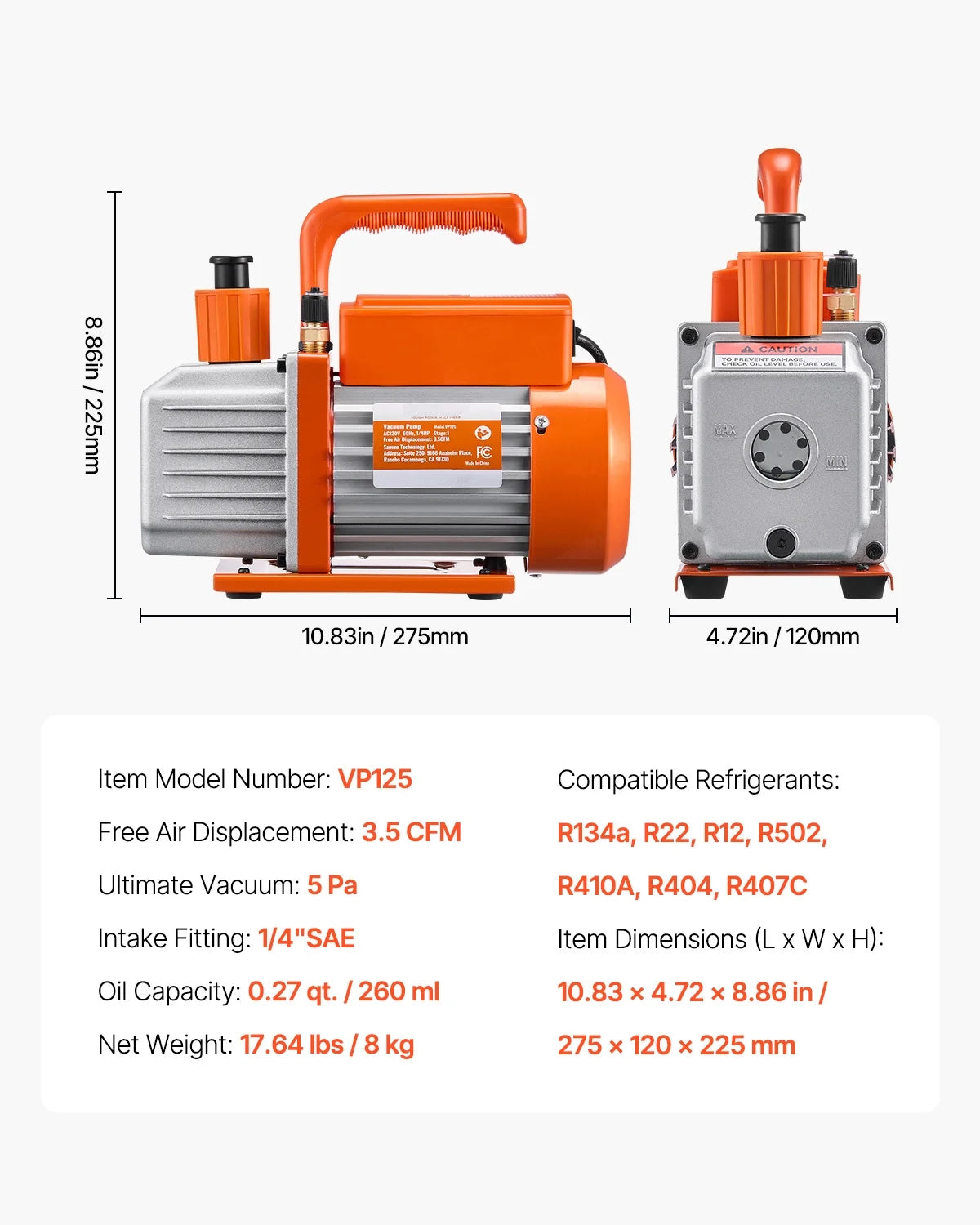 KFFKFF 3.5 CFM AC Vacuum Pump and Gauge Set, Single Stage Rotary Vane HVAC Air Vacuum Pump, A/C Refrigerant Manifold Gauge Kit, with Hoses, for R134a, R12, R22, R502a, R410A, R404, R407C Refrigerants