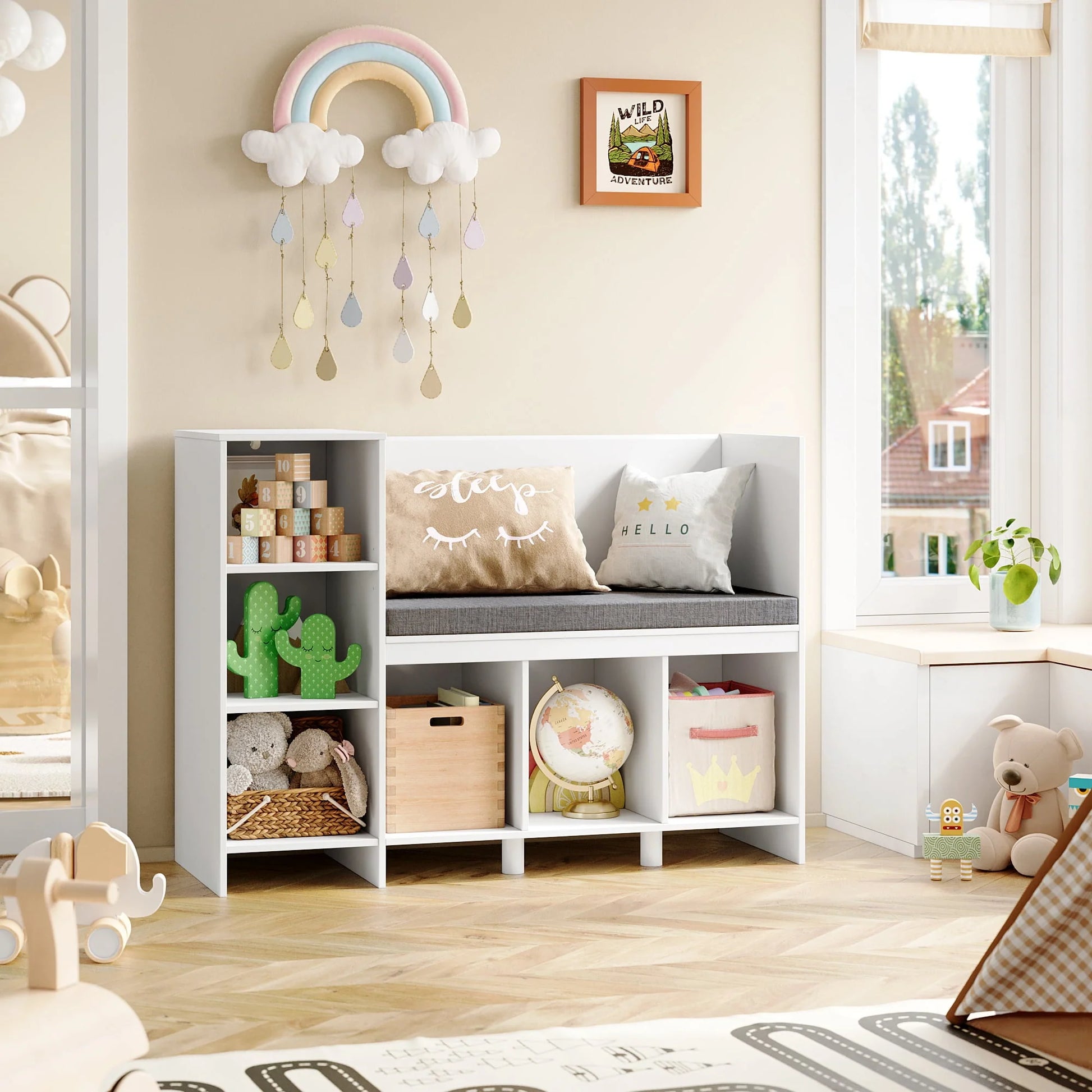 Homfa 6 Cube Kids Bookshelf with Reading Nook, Storage Organizer with Seat Cushion for Children's Room, White