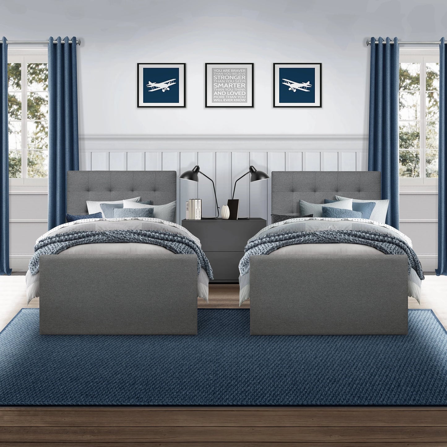 Emory Upholstered Twin Platform Bed with 2 Storage Drawers, Gray, by Hillsdale Living Essentials