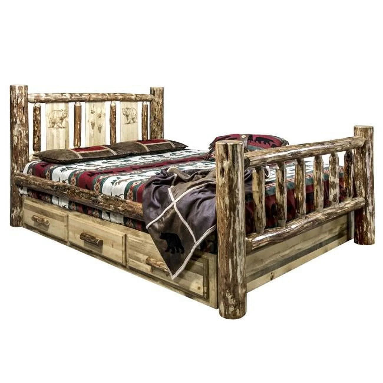 Bear Design Storage Engraved Bed in Stain and Clear Lacquer (Twin: 87 in. L x 46 in. W x 47 in. H (314 lbs.))