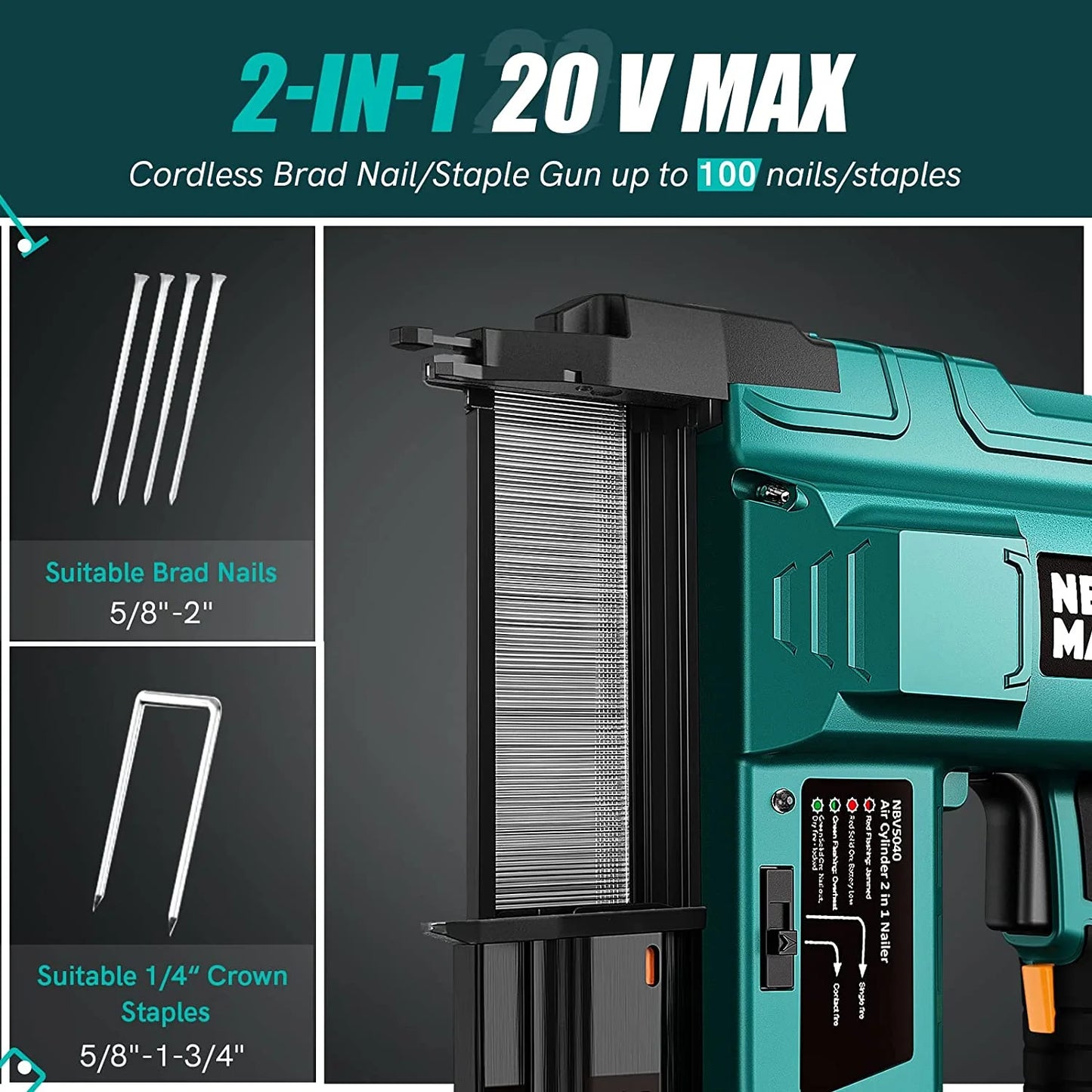 NEU MASTER Cordless Brad Nailer , 18 Gauge 2 in 1 Nail Gun/Staple Gun with 2.0Ah Li-ion Battery, 1000pcs Nails and 500pcs Staples Included, for Home Improvement, Woodworking