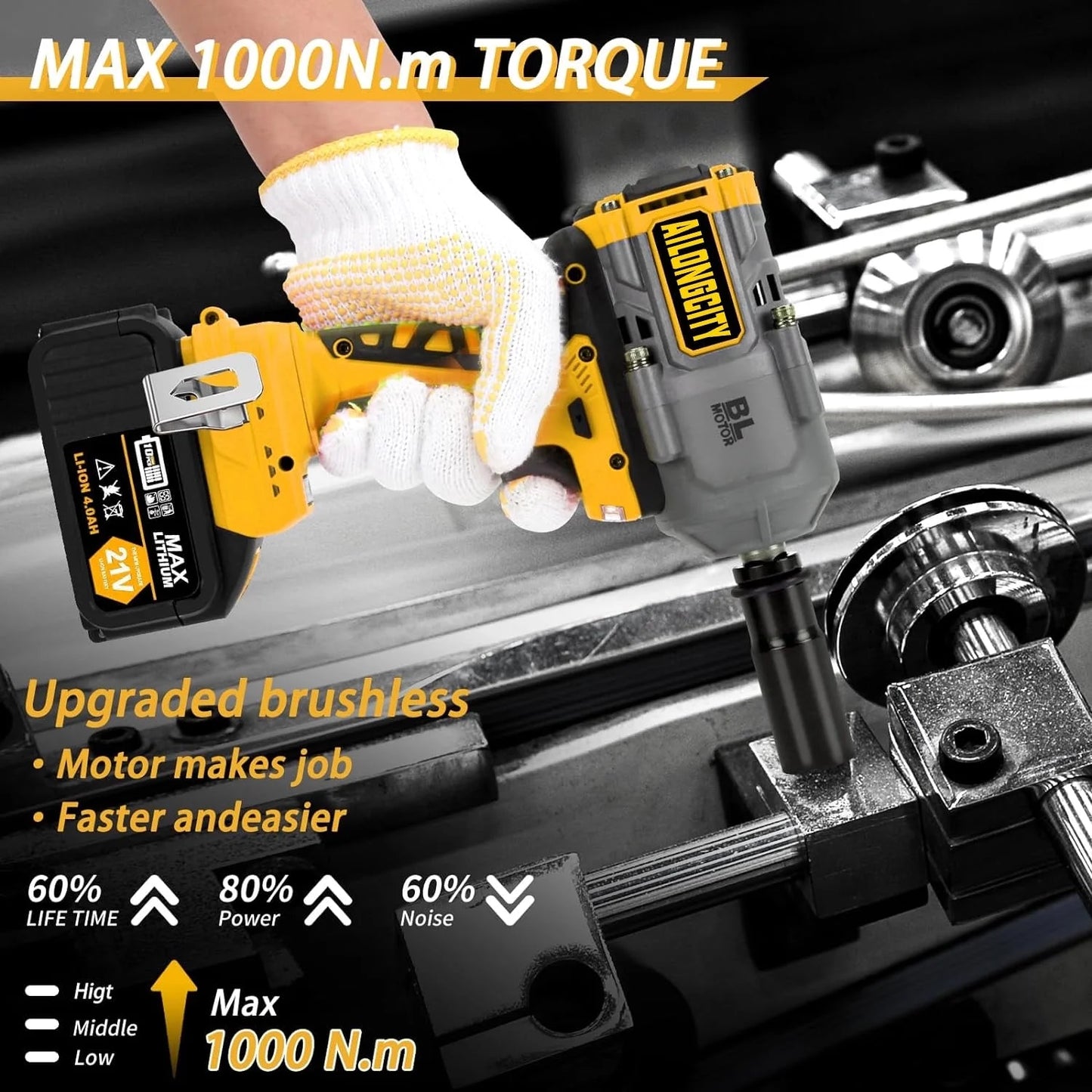 1000N.m(740ft-lbs) Cordless Impact Wrench, 1/2 Inch High Torque Brushless 21V Impact Gun w/2 x 4.0Ah Battery & Fast Charger & 5 Sockets, Pistola De Impacto for Home Car Tires Truck Mower