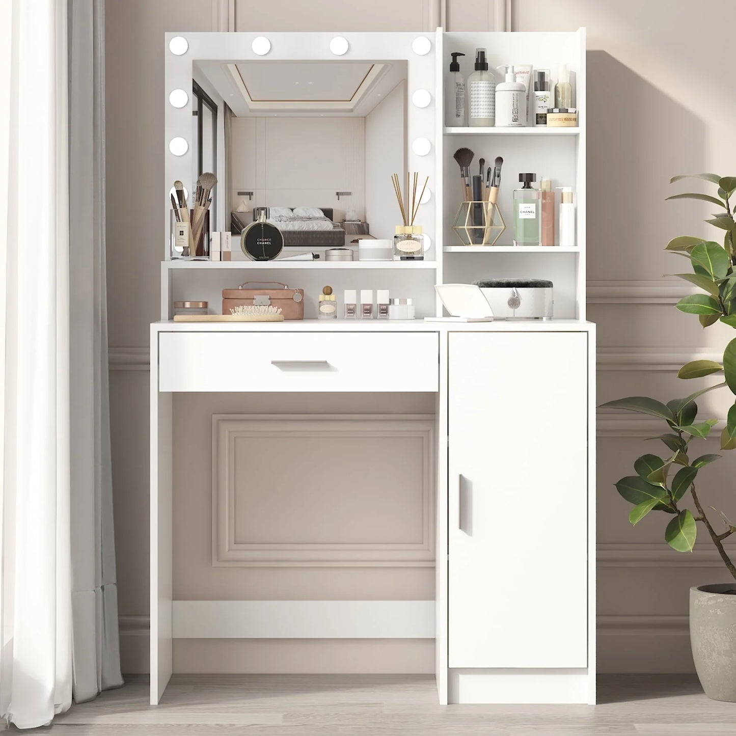 Palimder Vanity Desk, Large Drawer & 3 Level Storage Dresser, Bedroom Dressing Table White