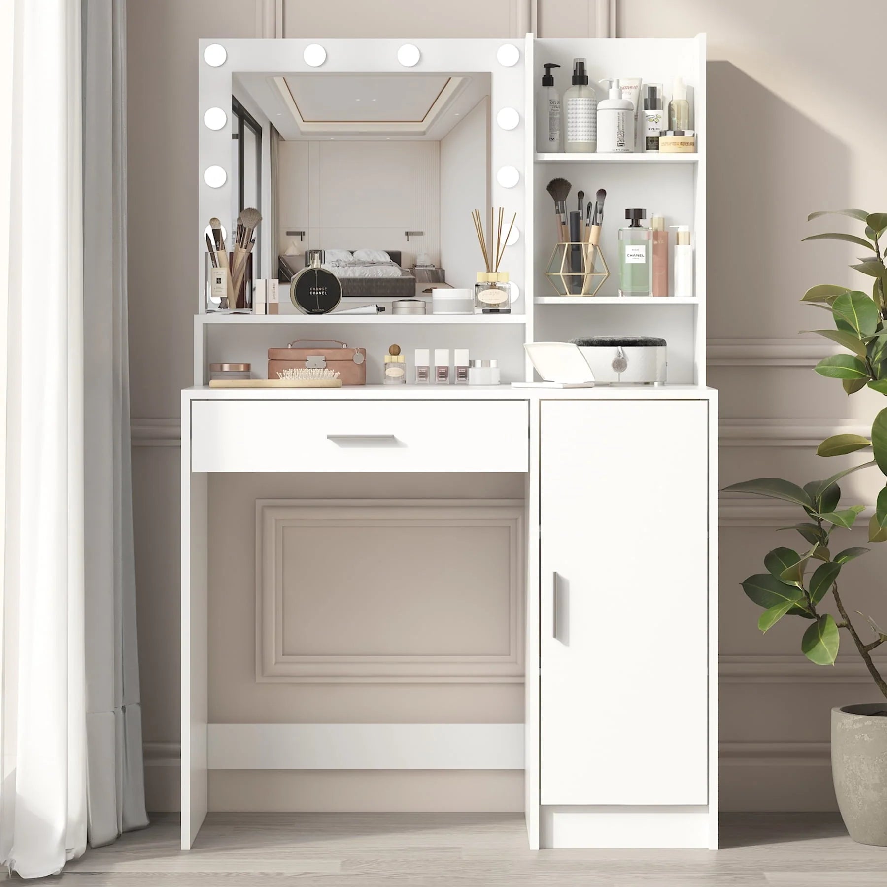 Palimder Vanity Desk, Large Drawer & 3 Level Storage Dresser, Bedroom Dressing Table White
