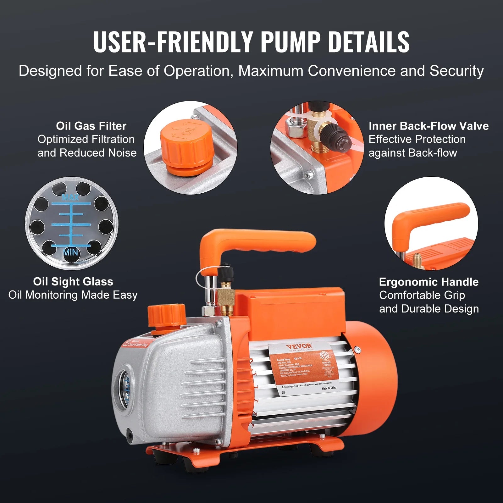VEVOR 1/4 HP 4.5 CFM AC Vacuum Pump and Gauge Set, Single Stage Rotary Vane HVAC Air Vacuum Pump A/C?RefrigerantKit Manifold Gauge Set, with Three-Color Hose Carry Bag, Applicable to R134a, R410a