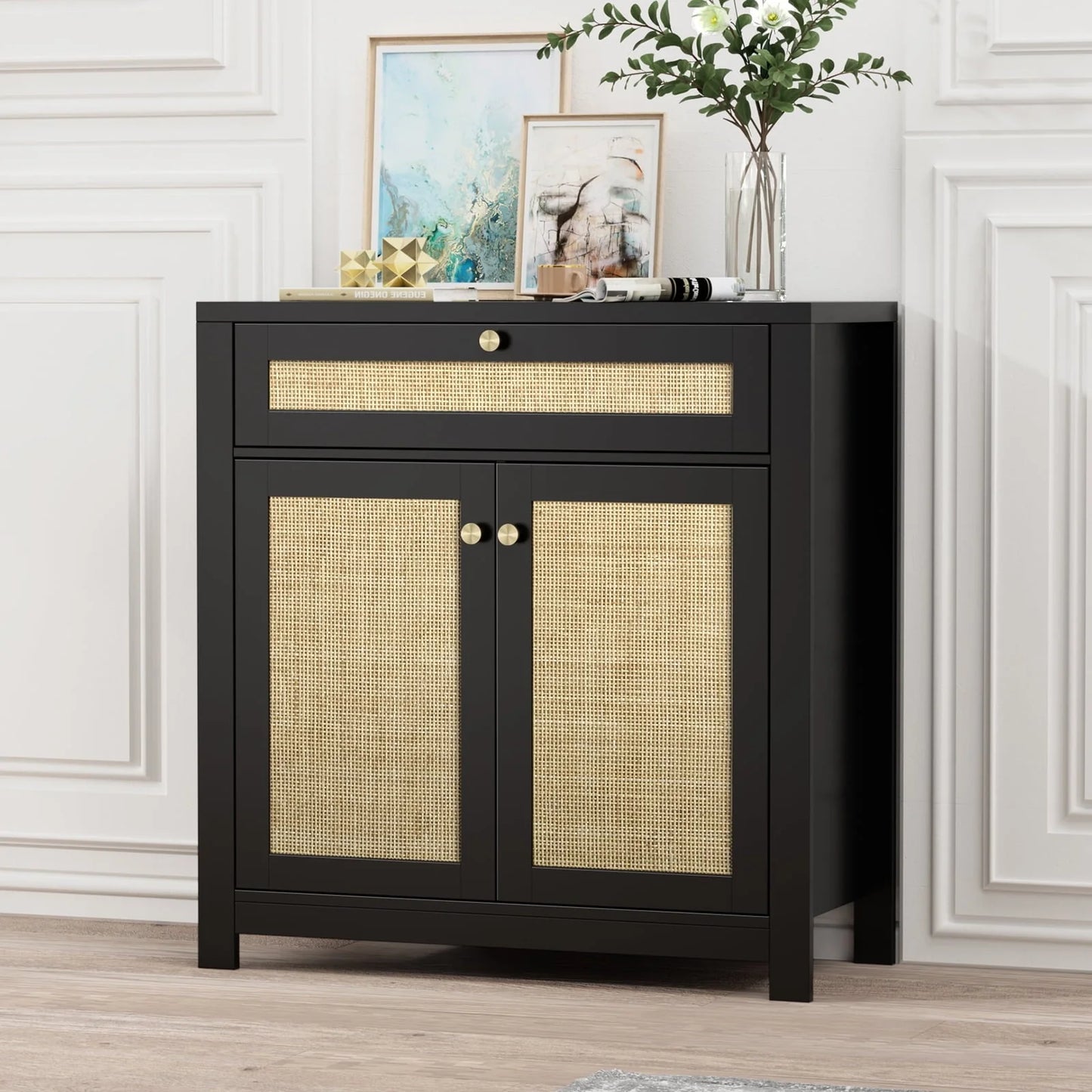 Eumyviv Black Sideboard Buffet Storage Cabinet with Door and Drawer, Natural Rattan Kitchen Accent Storage Cabinet Free Standing, Black H0085