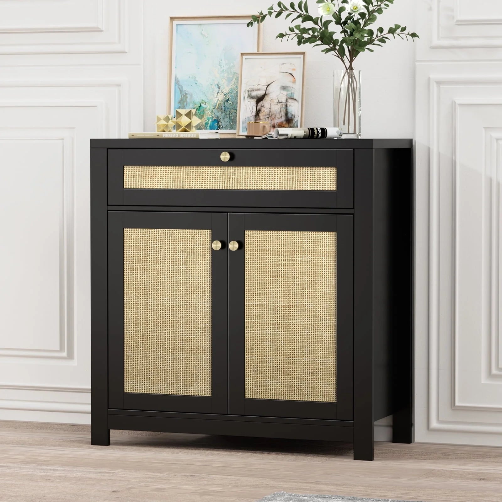Eumyviv Black Sideboard Buffet Storage Cabinet with Door and Drawer, Natural Rattan Kitchen Accent Storage Cabinet Free Standing, Black H0085