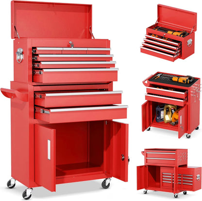 SUNCROWN Tool Chest,8-Drawer Rolling Tool Chest with Detachable Top Tool Box, Tool Chest with Universal Lockable Wheels, Metal Tool Cart for Garage, Workshop, Barbershop(Red)