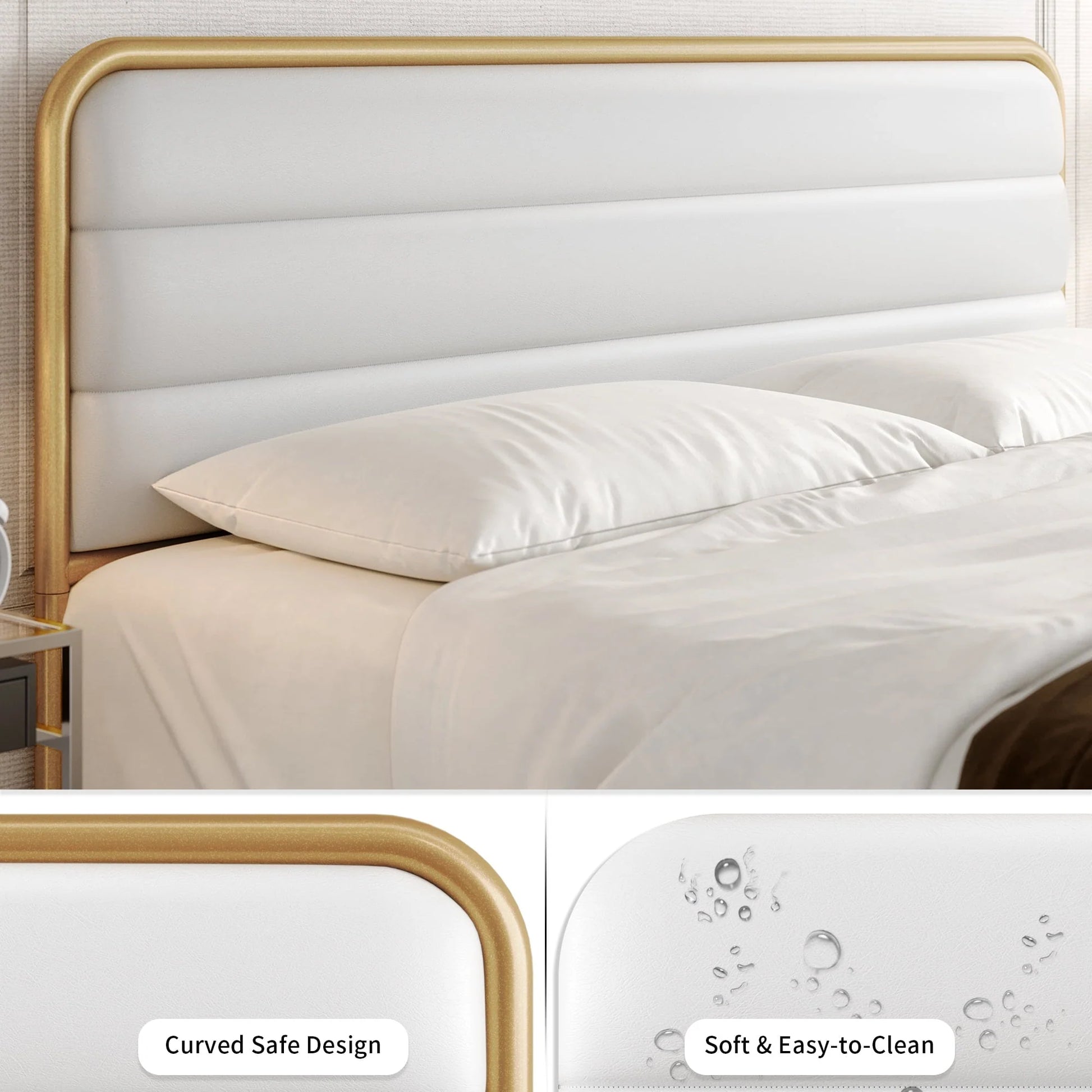Homfa Queen Size Bed Frame, Gold Metal Tubular Platform Bed with PU Leather Upholstered Headboard, 10.6" Under Bed Storage, White