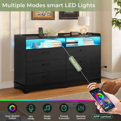 Hasuit 6 Drawers Dresser with LED Lights and Charging Station, Modern Storage Tower Dressers and Chests of Drawers and Open Cubby, Black