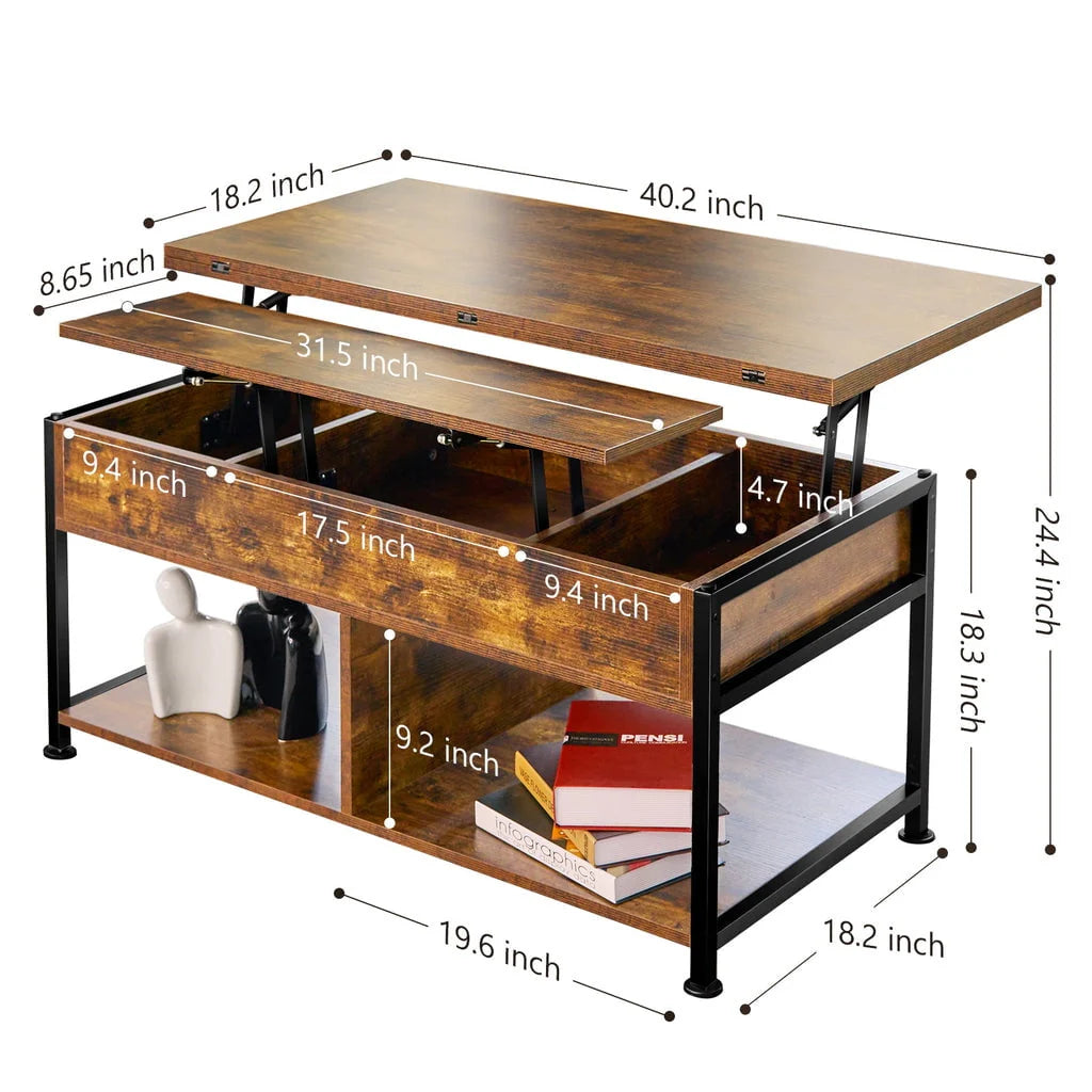 MONVANE 40" Lift Top Coffee Table with Storage for Living Room, Rustic Brown