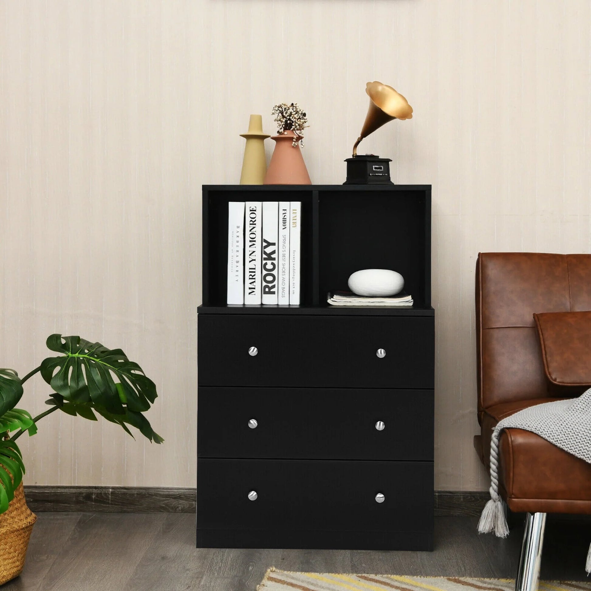 Gymax 3 Drawer Dresser W/Cubbies Storage Chest for Bedroom Living Room Black