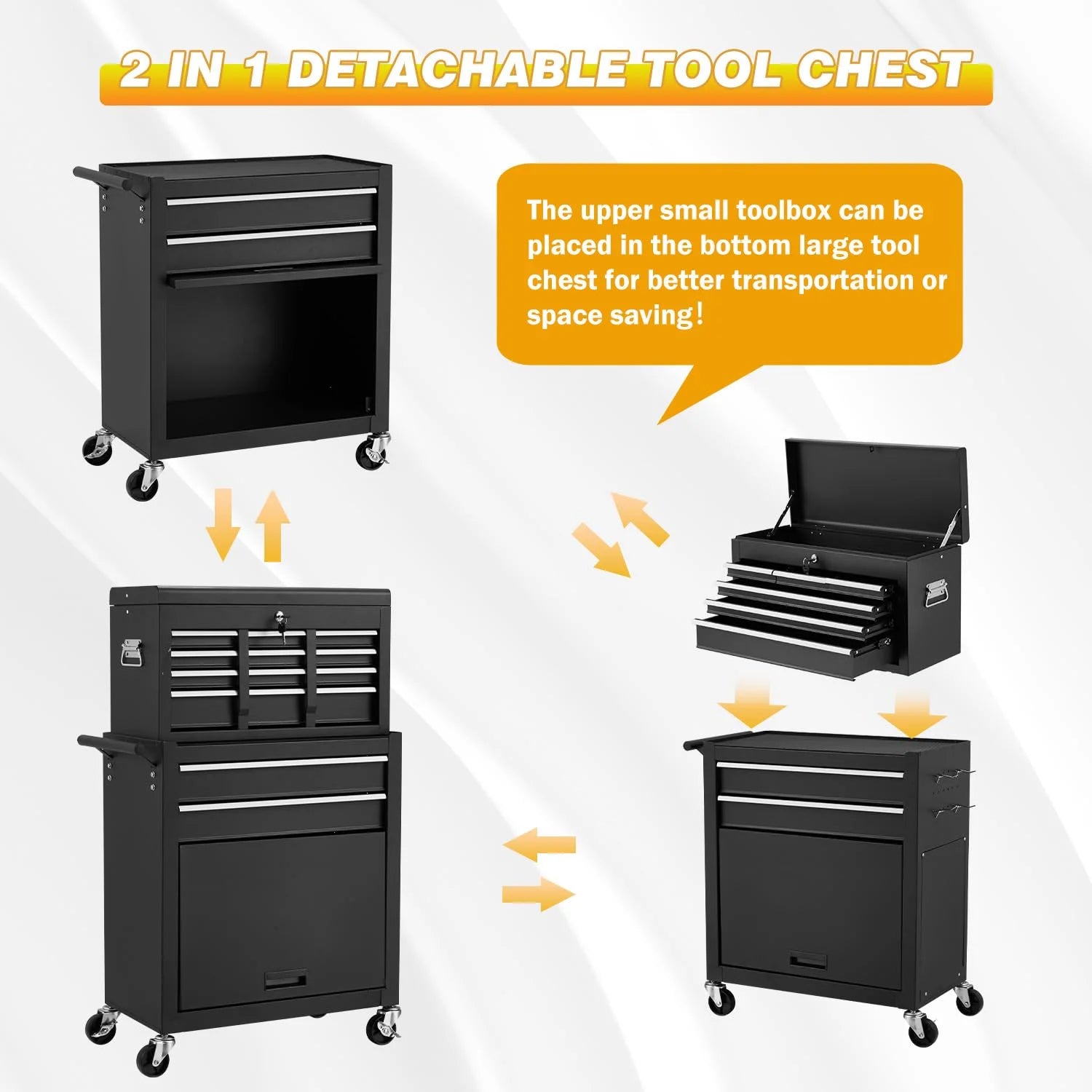 AECOJOY 8-Drawer Rolling Tool Chest, Large Tool Cabinet with Universal Lockable Wheels, Detachable Toolbox Storage for Garage, Repair Shop, Workshop, Black
