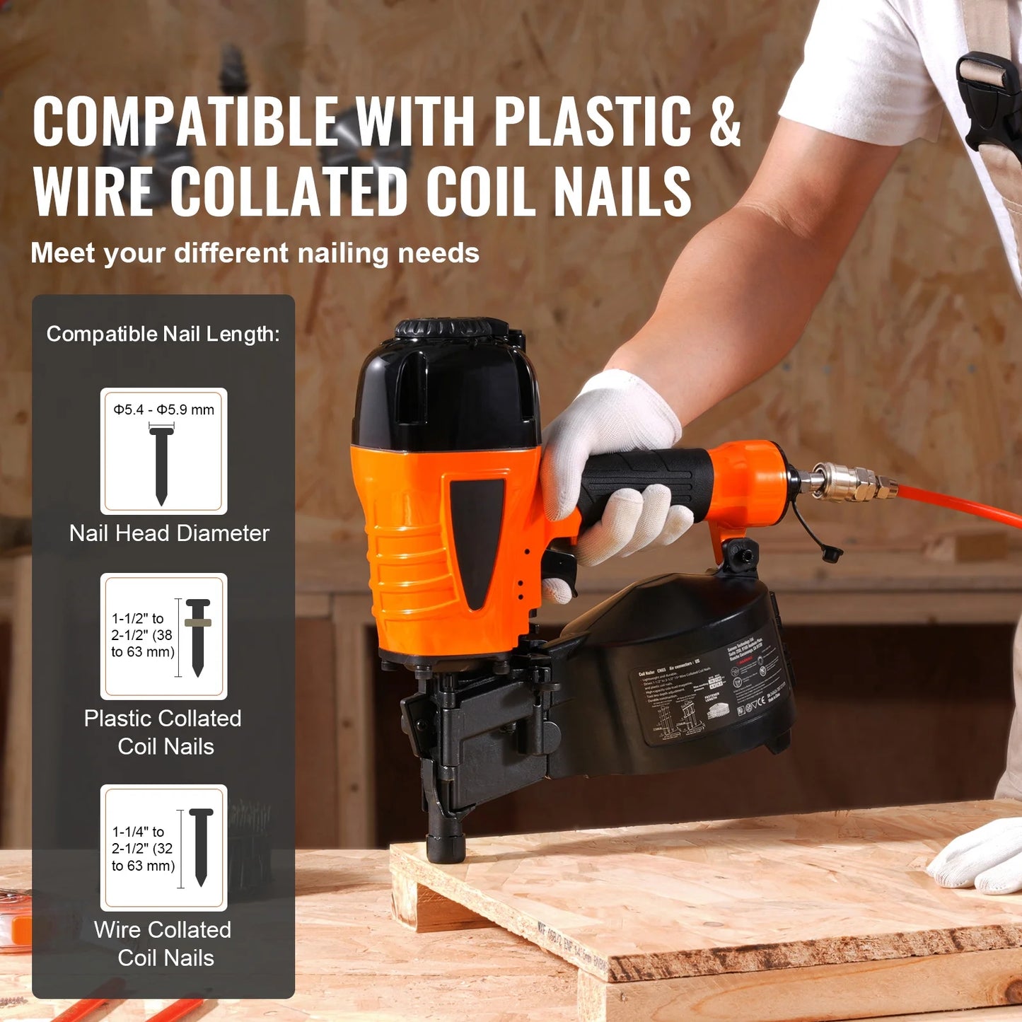 KFFKFF Pneumatic Coil Siding Nailer CN65, Adjustable 1-1/4" to 2-1/2" 15 Degree, 70-120PSI, Ideal for Siding, Sheathing, Woodworking, Fencing, and Decking