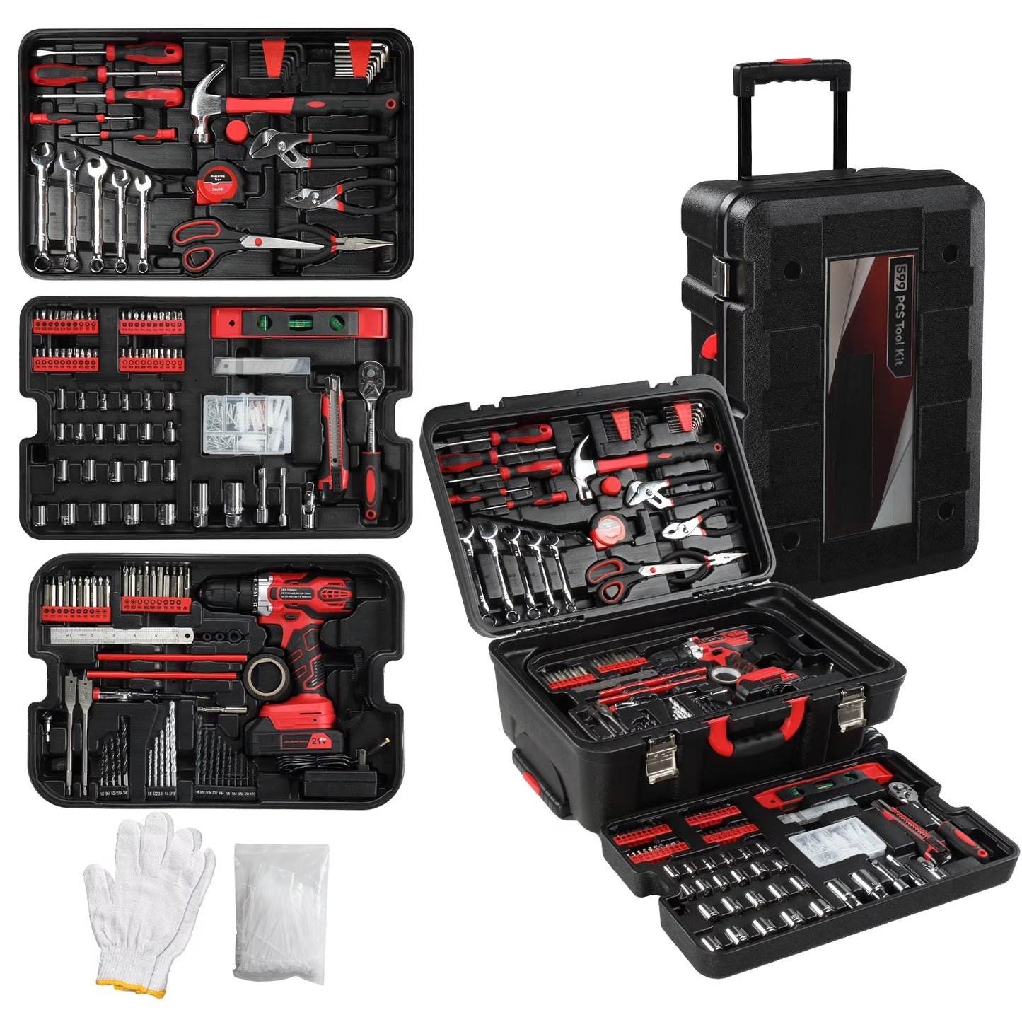 799 Pieces Professional Mechanics Hand Tool Set, Mobile Tool box on Wheels W/Ratchets& Socket, Screwdriver, Tongs, 4-layer Tool Case & Tool Kit, Silver