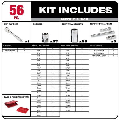 Milwaukee 3/8 in. Drive SAE/Metric Ratchet and Socket Mechanics Tool Set (56-Piece) C64