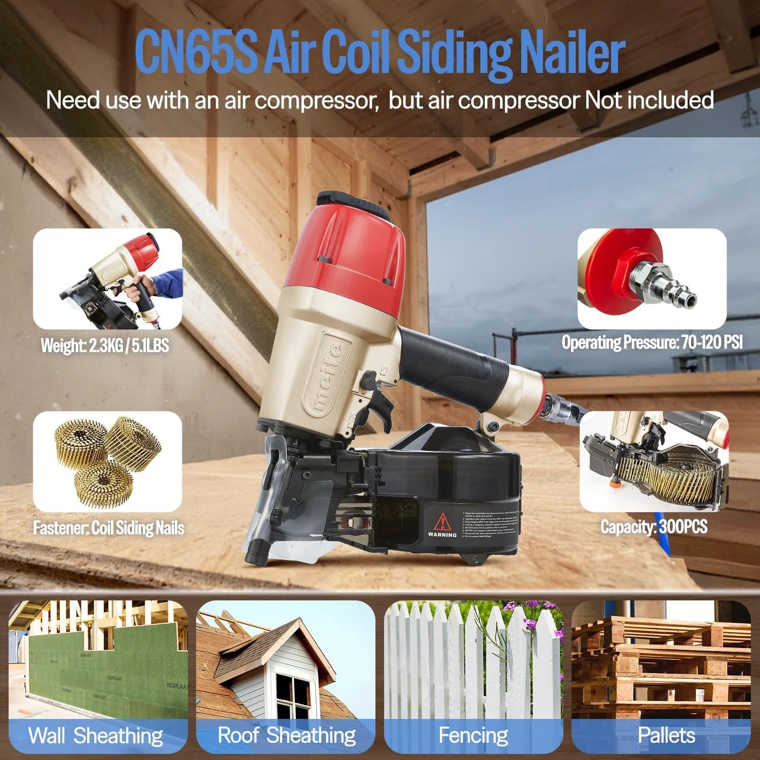MEITE CN65S Pneumatic Coil Siding Nailer with Safety Nose, 15-16 Degrees 1-1/2" to 2-1/2"Coil Nail Gun Lightweight