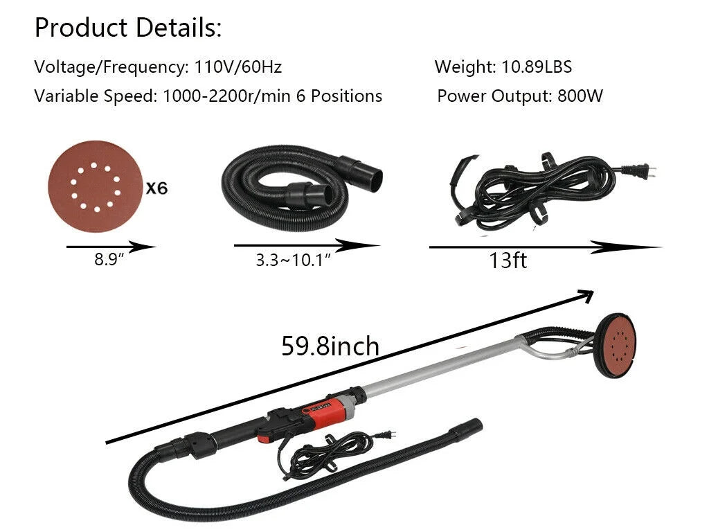 Drywall Sander 800W Commercial Electric Adjustable Variable Speed Sanding Pad