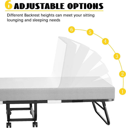 Homieasy Folding Bed with Mattress, 6 Adjustable Positions Backrest, Rollaway Bed for Adults with Memory Foam Mattress and Metal Frame, Portable Bed with Storage Cover, Cot Size (75” x 31”)