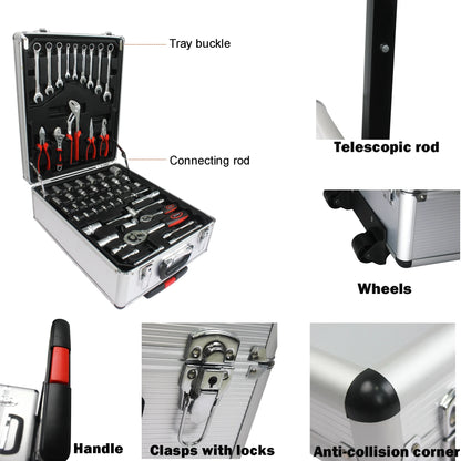 Seizeen 899PCS Tool Set Professional, Mobile Tool box on Wheels with Handle, Mechanics Tool Set W/Hand Tool, Ratchets& Socket Set, Screwdriver Set, 4-layer Tool Case & Tool Kit COMB, Silver