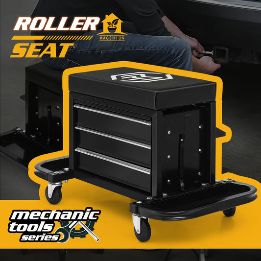 Magshion 3-Drawer Rectangular Mechanics Rolling Seat Tool Box with Tool Tray, 350 lbs Max Weight Capacity with Casters - Red