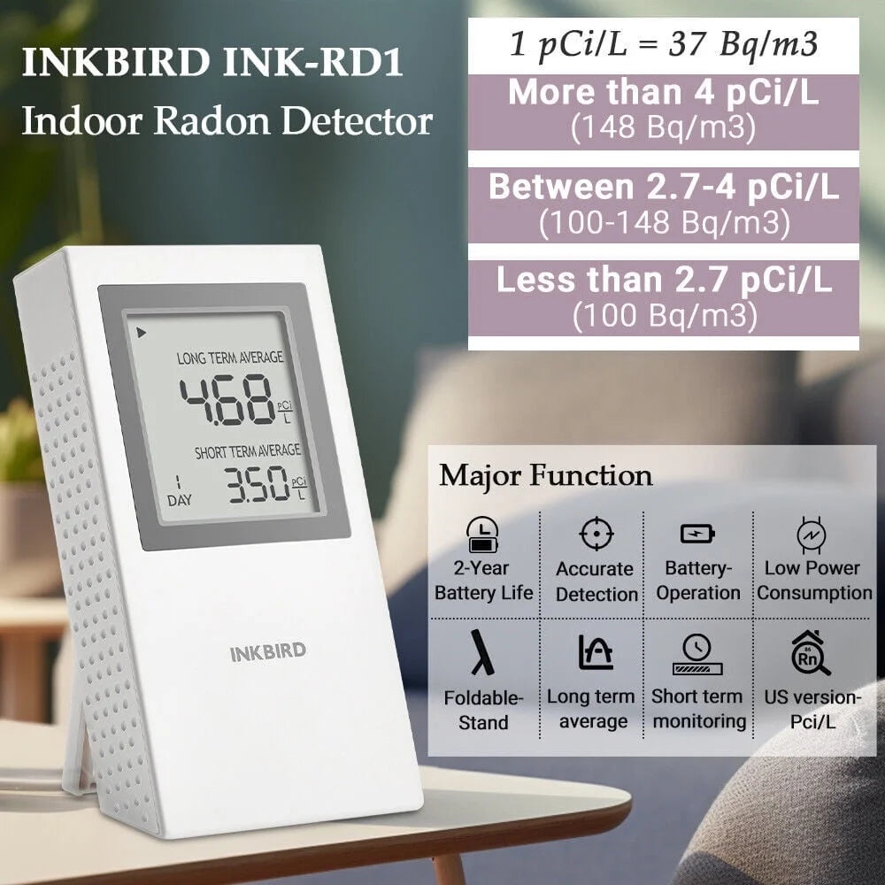 Inkird Home Radon Detector, Portable Radon Meter, Short-Term and Long-Term Accurate Monitoring 2-Year Battery,White