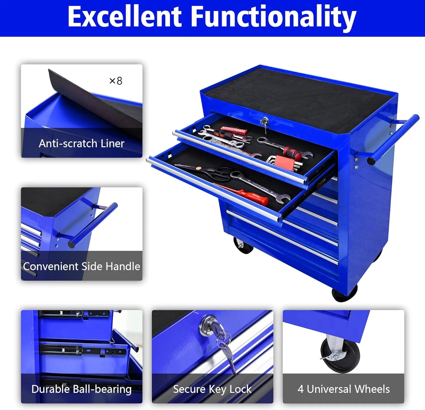 DSstyles Tool Chests, 7-Drawer Rolling Tool Storage Cabinet with Detachable Tray, Multi-Functional Handles, Adjustable Shelves, Secure Locking System, Heavy-Duty Wheels, Ideal for Garage, Workshop