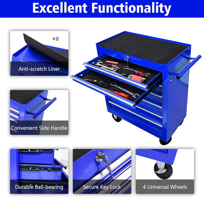 DSstyles Tool Chests, 7-Drawer Rolling Tool Storage Cabinet with Detachable Tray, Multi-Functional Handles, Adjustable Shelves, Secure Locking System, Heavy-Duty Wheels, Ideal for Garage, Workshop