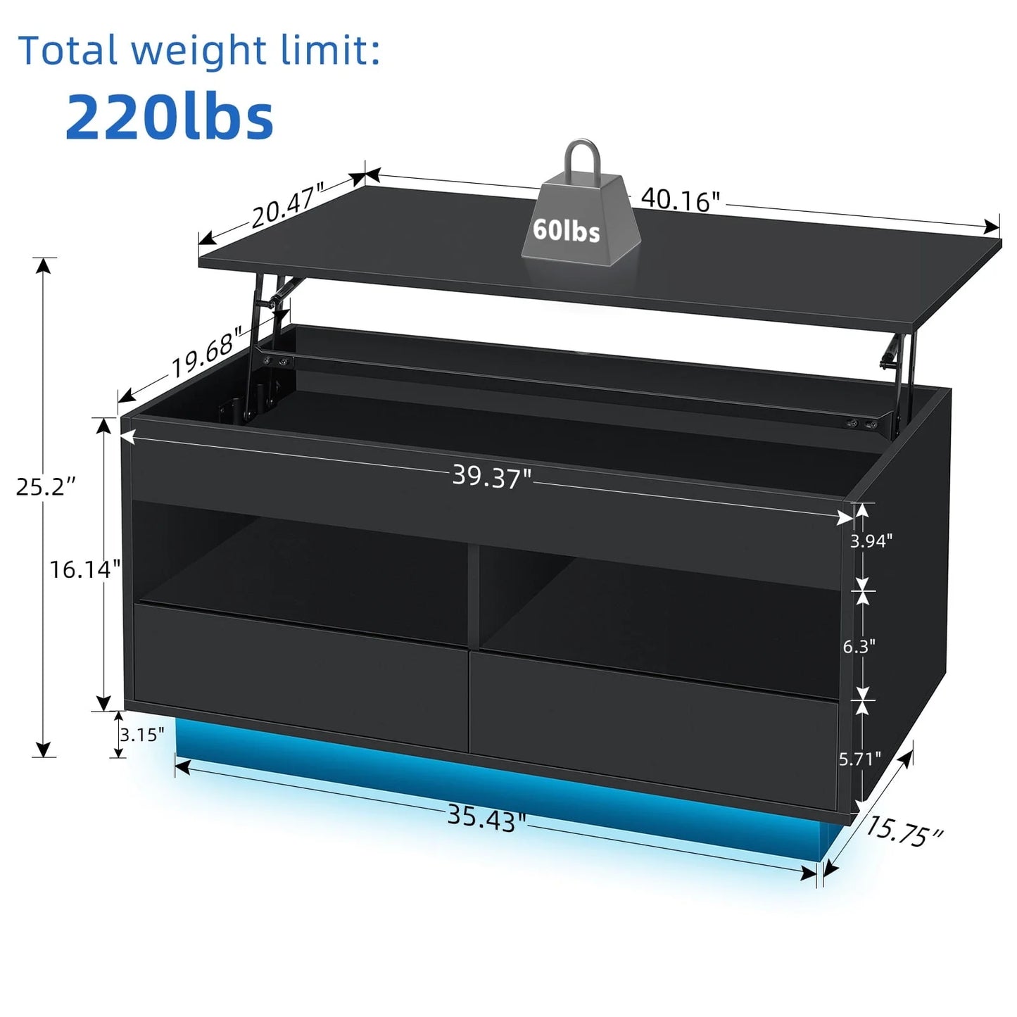 Hommpa Lift Top Coffee Table with 2 Drawers High Gloss Rectangle Black Coffee Table with LED Lights and Hidden Storage for Living Room Home Office Center Cocktail Tables 25.19" Height
