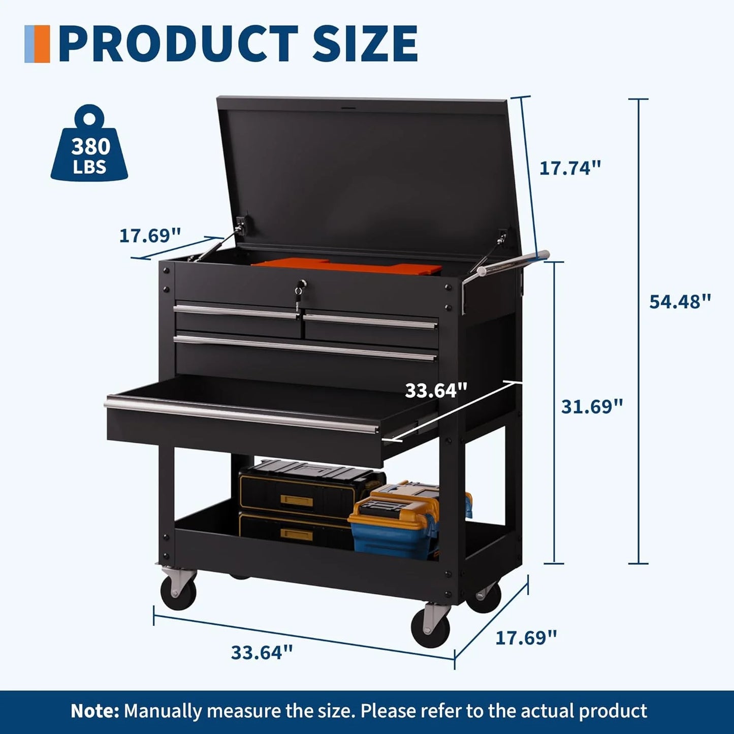 4-Drawer Heavy Duty Tool Cart On Wheels, Locking Rolling Tool Chest with 600+ Lbs Capacity, Powder-Coated Steel, Brake Casters & Multi-Tier Shelves for Garage, Workshop, and Job Site