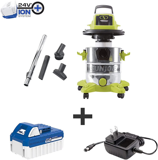 Sun Joe 24V Cordless Stainless Steel Wet or Dry Vacuum Kit, 5.3 Gallon, Green, 24V-WDV6000