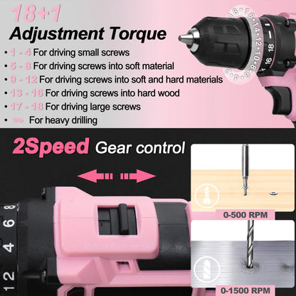 253-Piece 20V Pink Cordless Lithium-ion Drill Driver And Home Tool Set, Lady's Repairing Kit With 12-Inch Wide Mouth Open Storage Bag