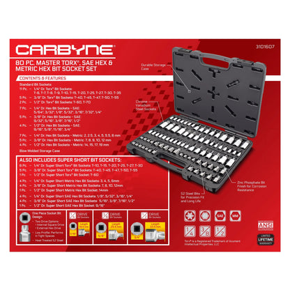 Carbyne 80-Piece Torx, SAE Hex (Allen) & Metric Hex (Allen) Bit Socket Set with 30 Super Short Bit Sockets, Cr-V Steel Sockets, S2 Steel Bits, Durable Storage Case