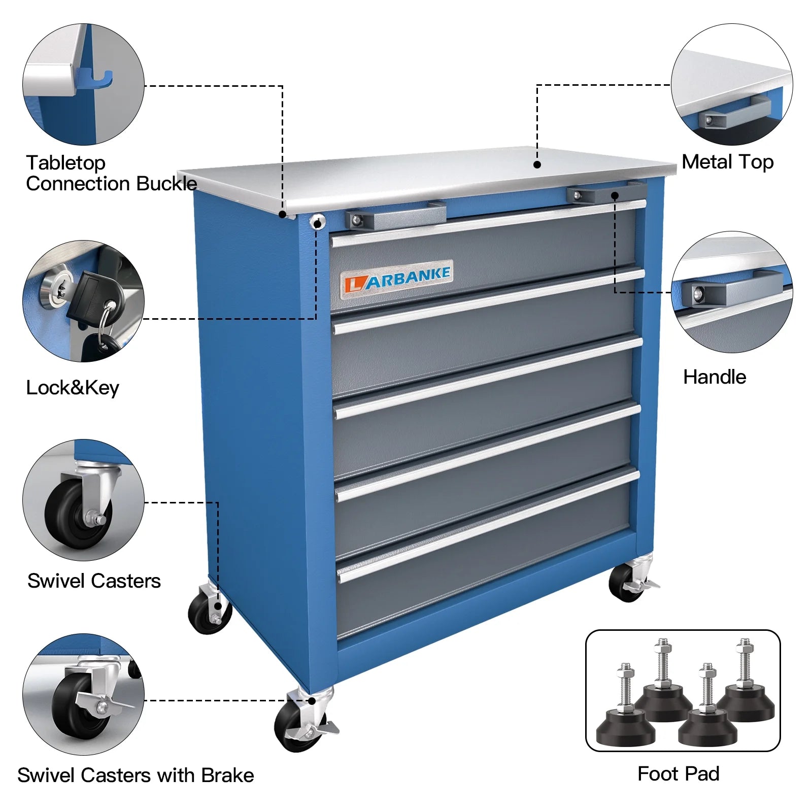 LARBANKE 5 Drawer Rolling Tool Chest, Metal Tool Cabinet with Wheels, Drawers with Padding, Can Be Combined
