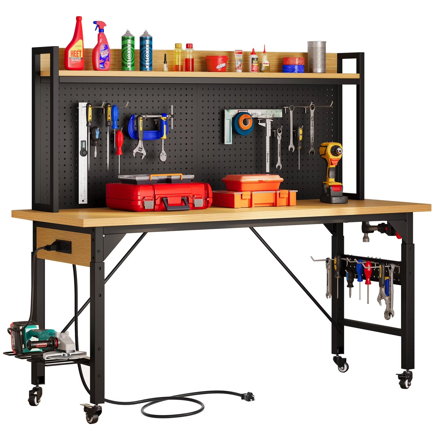 DEXTRUS Multifunctional Workbench with Wheels, 59.1" x 23.6" with Pegboard Worktable w/Power Outlets, A3 Steel Work Bench For Garage max. Heavy Duty Workbench 2000lbs Weight Capacity