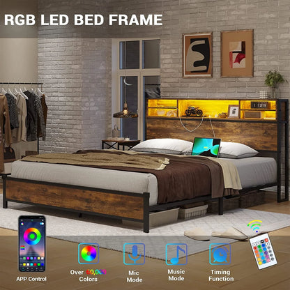Full LED Bed Frame with Charging Station and Storage Headboard,Full Size Metal Platform Bed with LED Lights, Rustic Brown