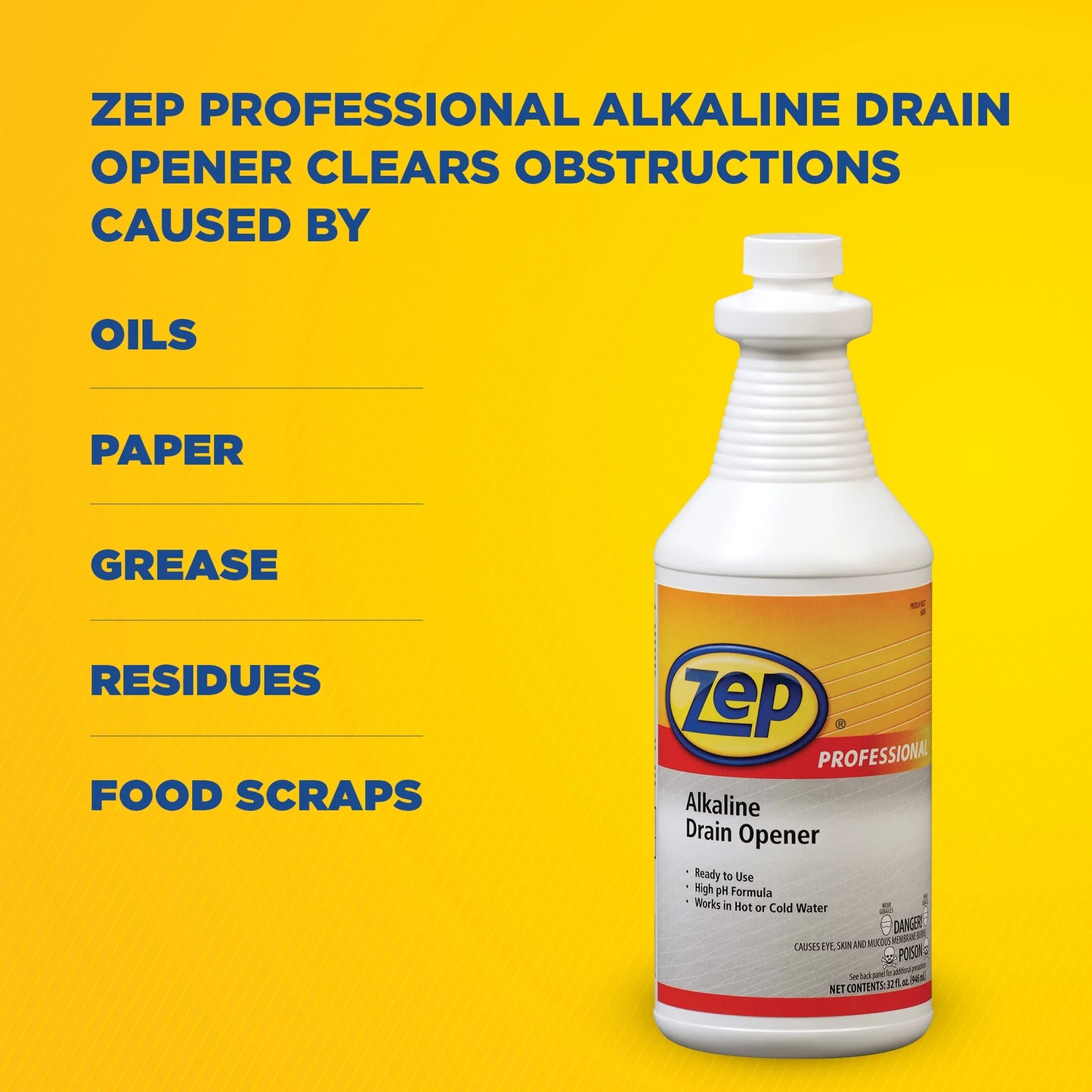Zep Professional Alkaline Drain Opener - 32 oz (Case of 12) - 1041423 - Ready-To-Use, High pH Formula, Works Great in Both Hot and Cold Water, Safe for Plumbing and Pipes