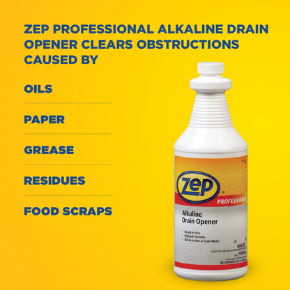 Zep Professional Alkaline Drain Opener - 32 oz (Case of 12) - 1041423 - Ready-To-Use, High pH Formula, Works Great in Both Hot and Cold Water, Safe for Plumbing and Pipes