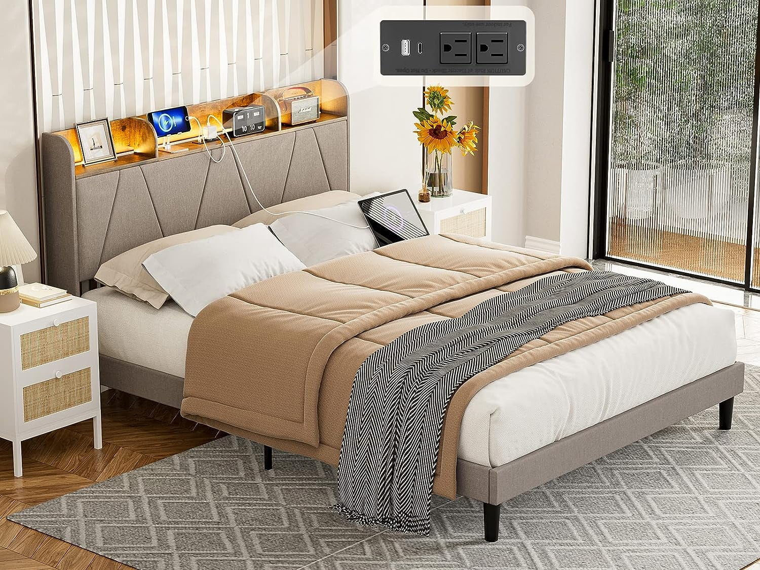 IKIFLY Queen Bed Frame with Charging Station & Storage Shelf Headboard, Upholstered LED Bed Frame with 2 Outlets and 2 USB Ports(1 Type C), Solid Wood Slats, No Box Spring Needed - Light Brown