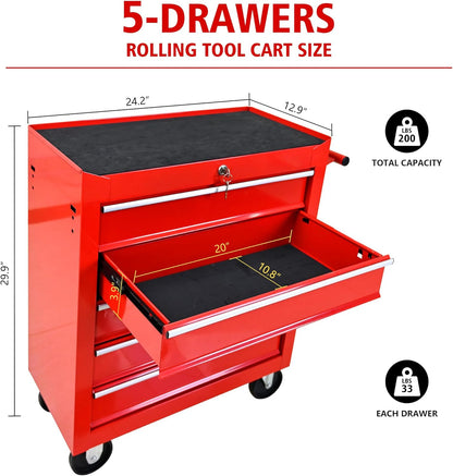 DSstyles Tool Chests, 5-Drawer Rolling Tool Storage Cabinet with Detachable Tray, Multi-Functional Handles, Adjustable Shelves, Secure Locking System, Heavy-Duty Wheels, Ideal for Garage, Workshop